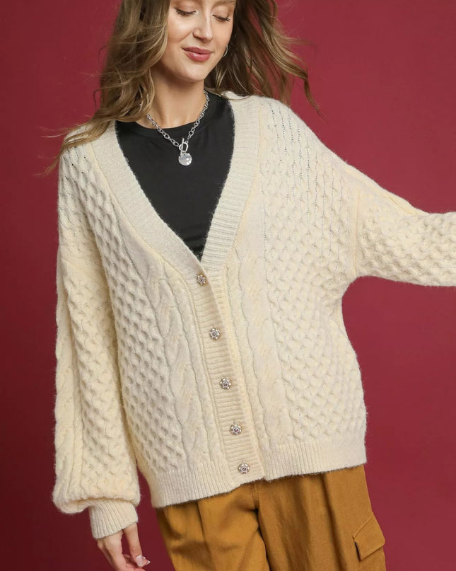 Umgee Cable Knit Pearl Button Cardigan - Sleekdenim.com