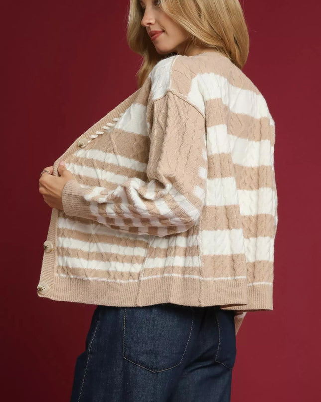 Umgee Cable - Knit Stripe Button - Up Cardigan - Sleekdenim.com