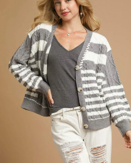 Umgee Cable - Knit Stripe Button - Up Cardigan - Sleekdenim.com