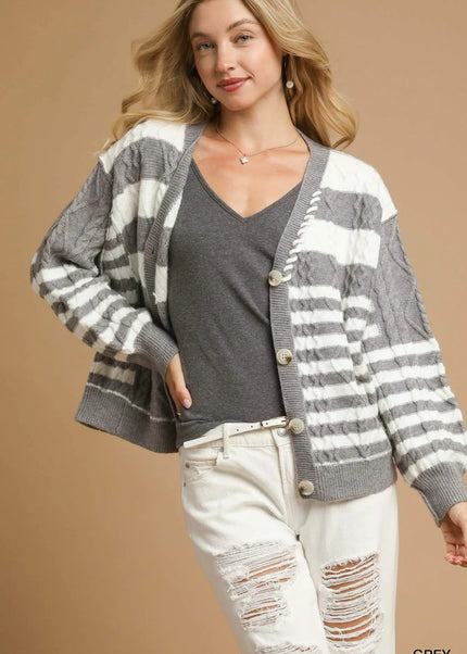 Umgee Cable - Knit Stripe Button - Up Cardigan - Sleekdenim.com