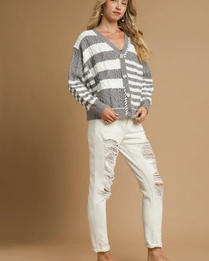 Umgee Cable - Knit Stripe Button - Up Cardigan - Sleekdenim.com