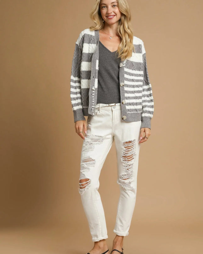 Umgee Cable - Knit Stripe Button - Up Cardigan - Sleekdenim.com