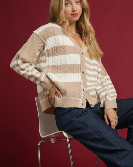 Umgee Cable - Knit Stripe Button - Up Cardigan - Sleekdenim.com