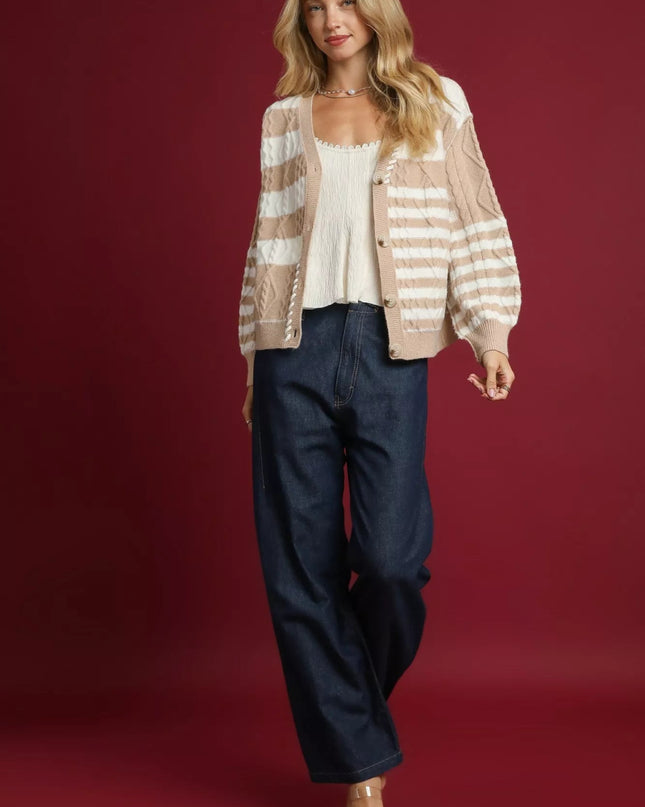Umgee Cable - Knit Stripe Button - Up Cardigan - Sleekdenim.com