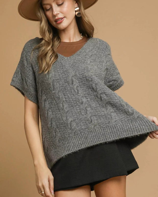 Umgee Cable - Knit V - Neck Sweater - Sleekdenim.com