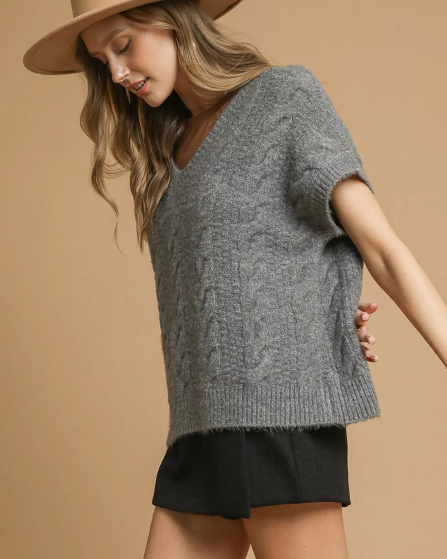 Umgee Cable - Knit V - Neck Sweater - Sleekdenim.com
