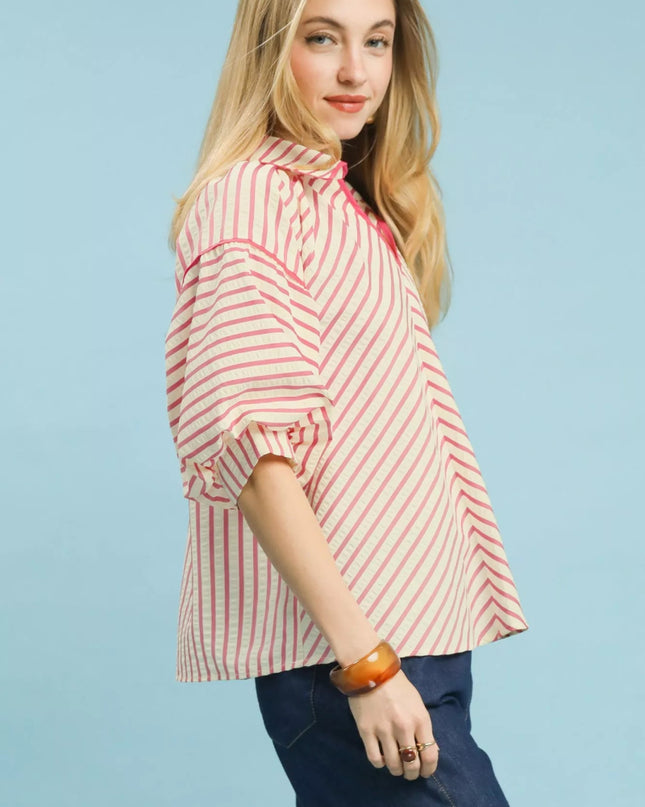 Umgee Chevron Stripe Collared Relaxed Top - Sleekdenim.com