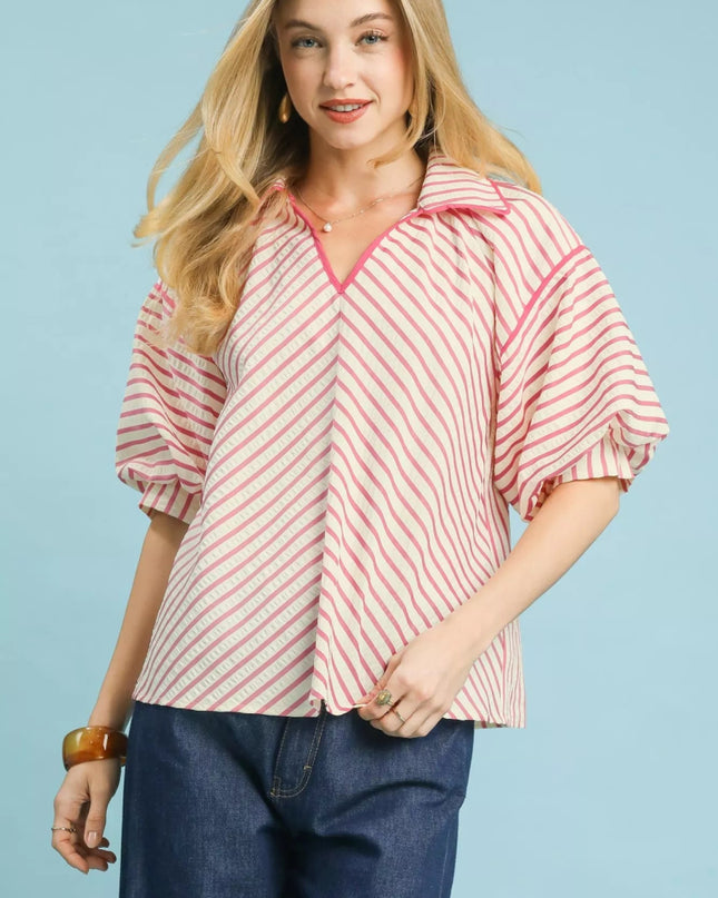 Umgee Chevron Stripe Collared Relaxed Top - Sleekdenim.com