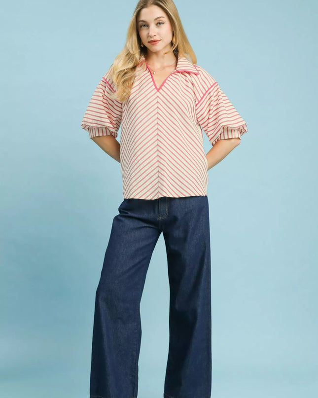 Umgee Chevron Stripe Collared Relaxed Top - Sleekdenim.com