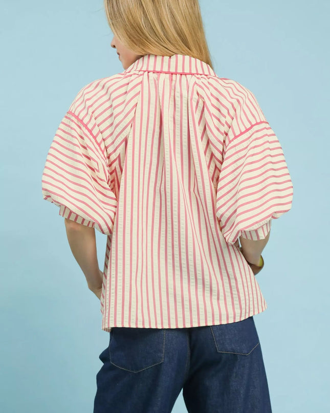 Umgee Chevron Stripe Collared Relaxed Top - Sleekdenim.com