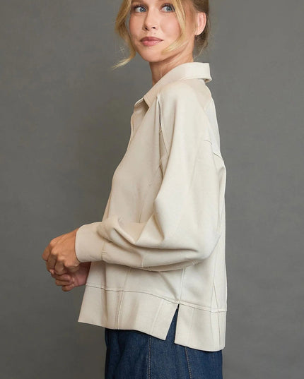 Umgee Collared Neck Long Sleeve Top with Raw Hem Detail - Sleekdenim.com