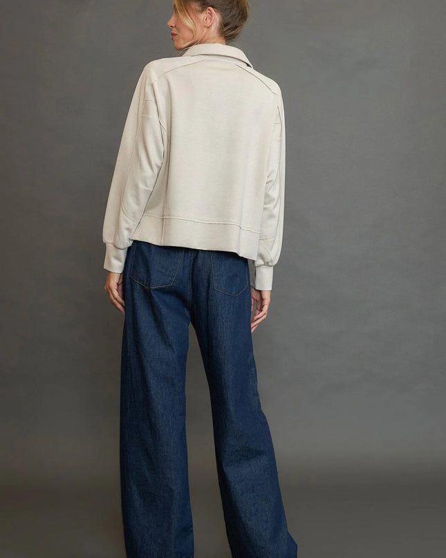 Umgee Collared Neck Long Sleeve Top with Raw Hem Detail - Sleekdenim.com