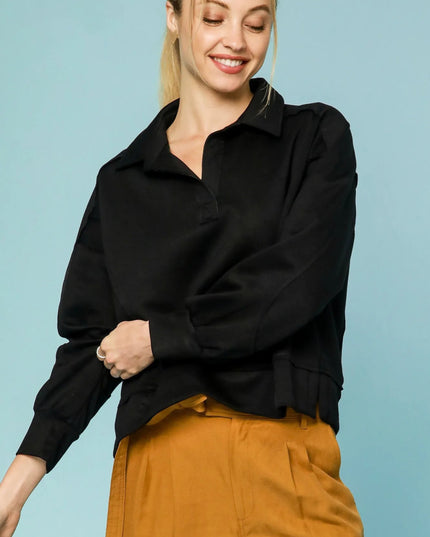 Umgee Collared Neck Long Sleeve Top with Raw Hem Detail - Sleekdenim.com