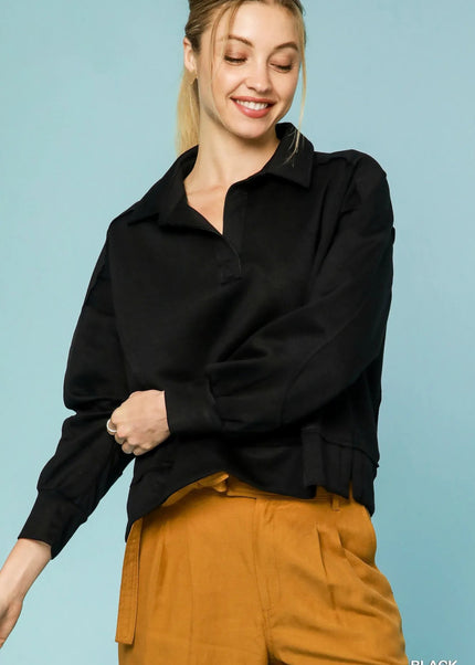 Umgee Collared Neck Long Sleeve Top with Raw Hem Detail - Sleekdenim.com