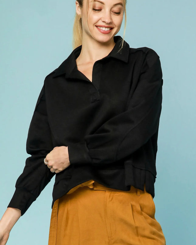 Umgee Collared Neck Long Sleeve Top with Raw Hem Detail - Sleekdenim.com