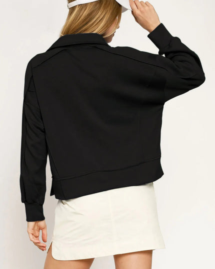 Umgee Collared Neck Long Sleeve Top with Raw Hem Detail - Sleekdenim.com