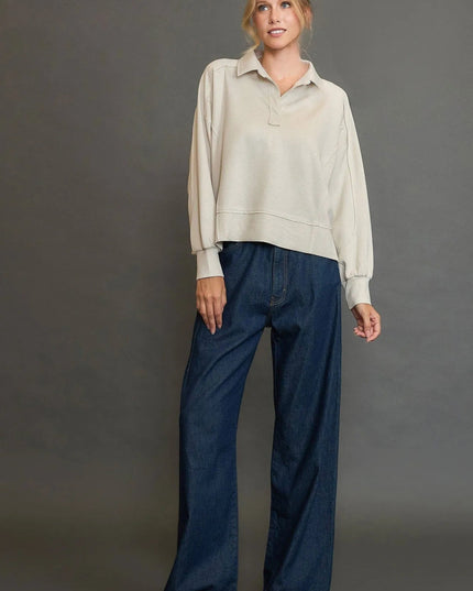 Umgee Collared Neck Long Sleeve Top with Raw Hem Detail - Sleekdenim.com