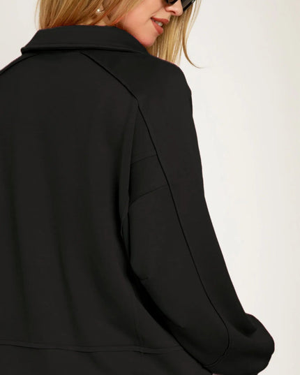 Umgee Collared Neck Long Sleeve Top with Raw Hem Detail - Sleekdenim.com