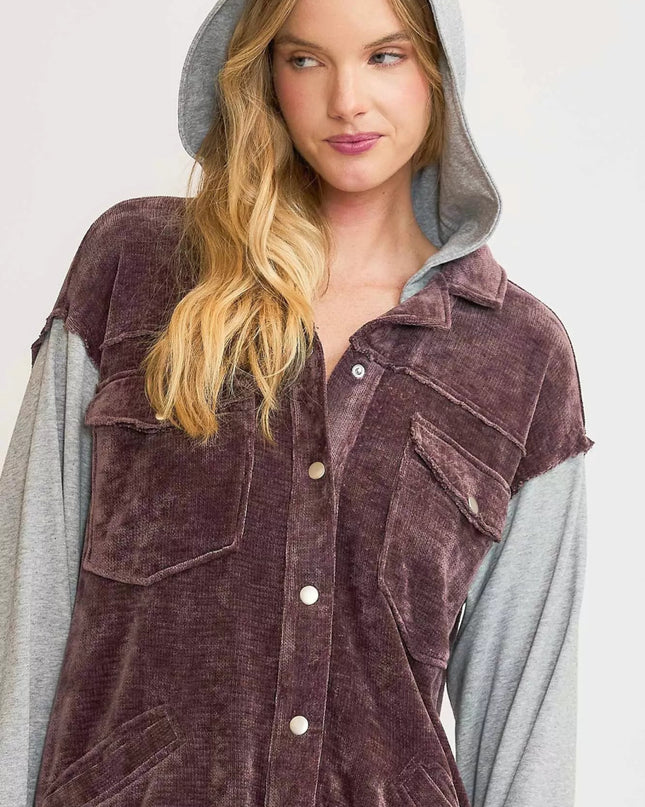Umgee Contrast Hooded Chenille Jacket - Sleekdenim.com