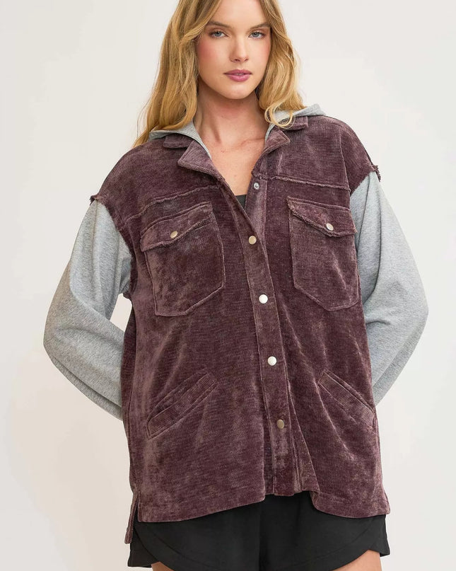 Umgee Contrast Hooded Chenille Jacket - Sleekdenim.com