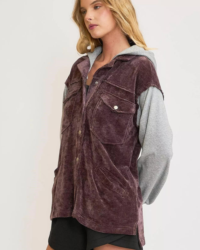 Umgee Contrast Hooded Chenille Jacket - Sleekdenim.com