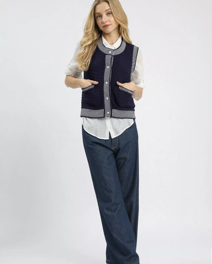 Umgee Contrast Striped Trim Button - Down Sweater Vest - Sleekdenim.com