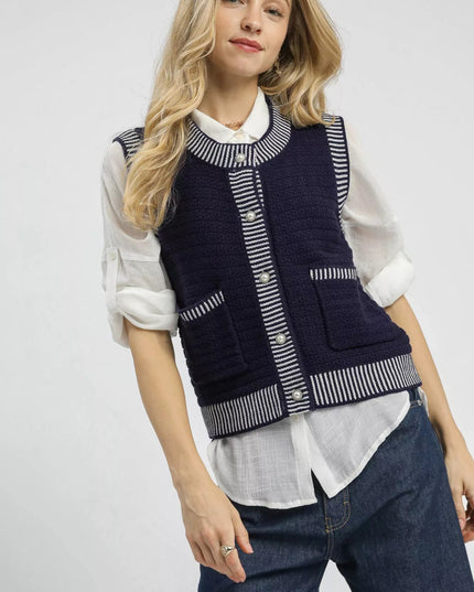 Umgee Contrast Striped Trim Button - Down Sweater Vest - Sleekdenim.com
