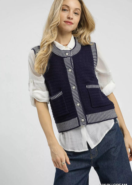 Umgee Contrast Striped Trim Button - Down Sweater Vest - Sleekdenim.com