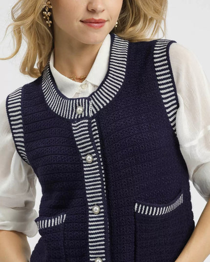 Umgee Contrast Striped Trim Button - Down Sweater Vest - Sleekdenim.com
