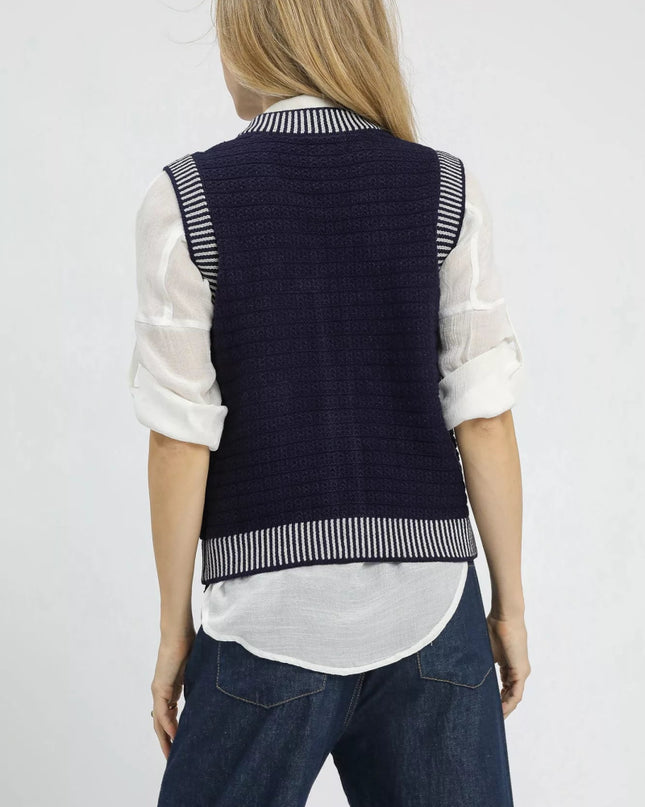 Umgee Contrast Striped Trim Button - Down Sweater Vest - Sleekdenim.com