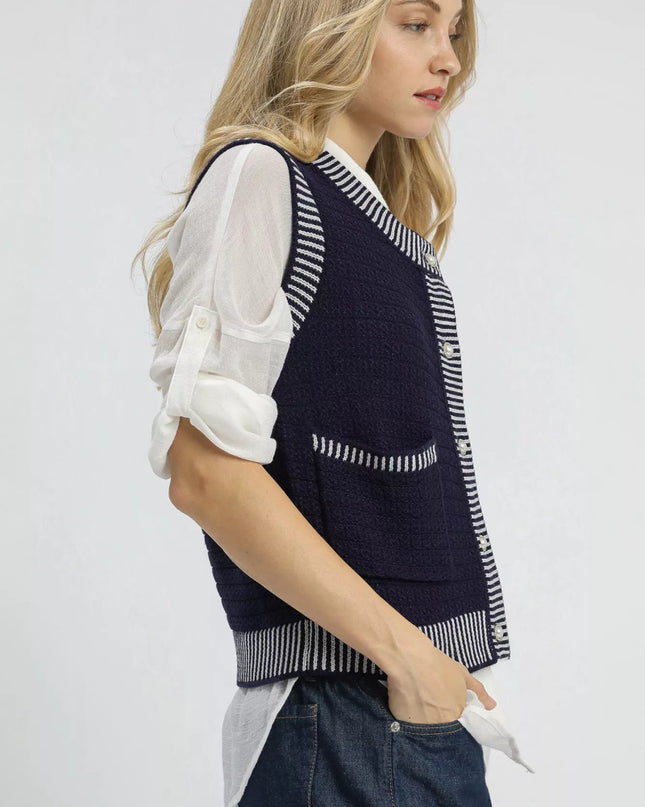 Umgee Contrast Striped Trim Button - Down Sweater Vest - Sleekdenim.com