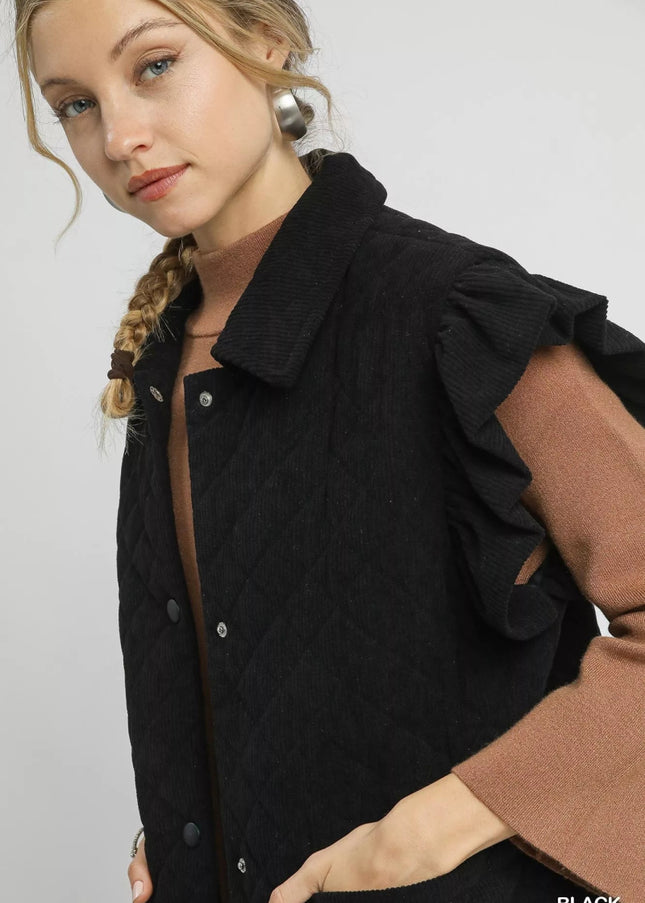 Umgee Corduroy Quilted Ruffle Sleeve Vest - Sleekdenim.com