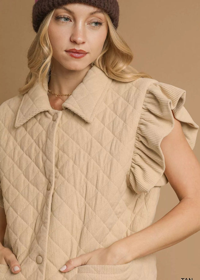 Umgee Corduroy Quilted Ruffle Sleeve Vest - Sleekdenim.com