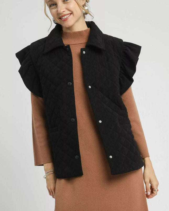 Umgee Corduroy Quilted Ruffle Sleeve Vest - Sleekdenim.com