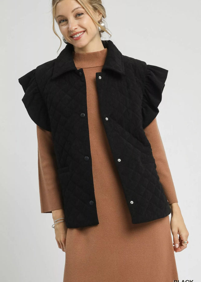 Umgee Corduroy Quilted Ruffle Sleeve Vest - Sleekdenim.com