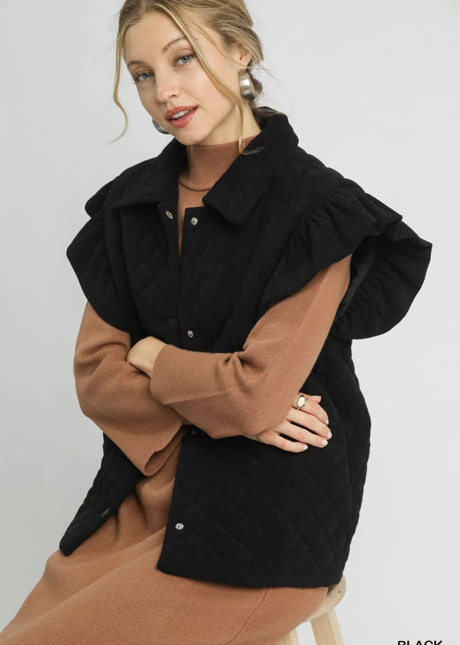 Umgee Corduroy Quilted Ruffle Sleeve Vest - Sleekdenim.com