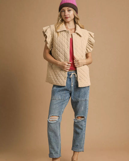 Umgee Corduroy Quilted Ruffle Sleeve Vest - Sleekdenim.com