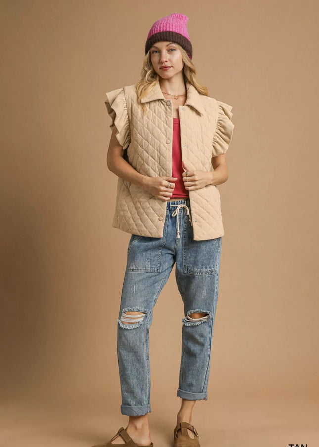 Umgee Corduroy Quilted Ruffle Sleeve Vest - Sleekdenim.com