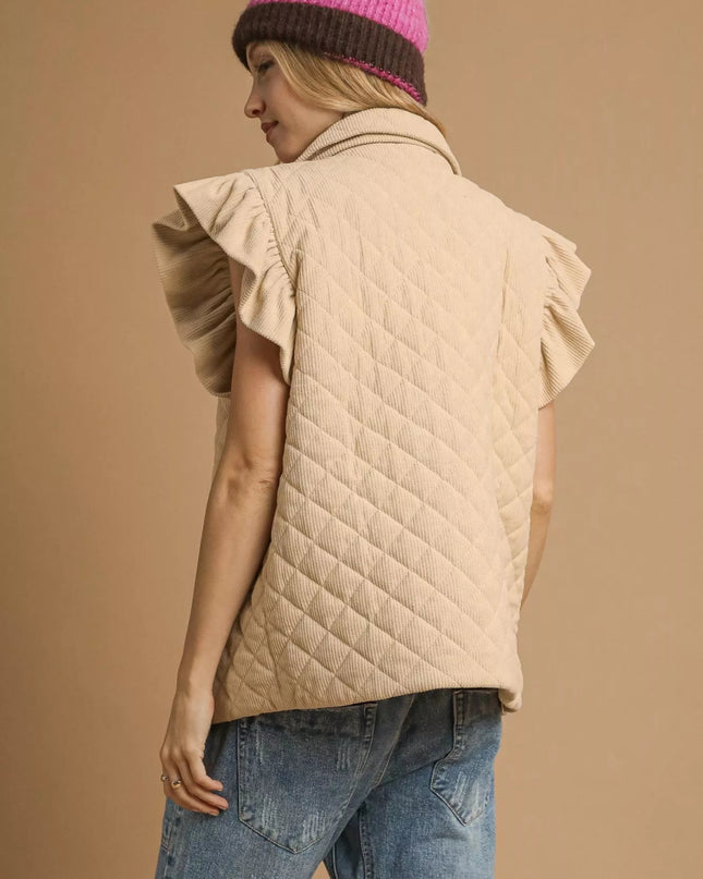 Umgee Corduroy Quilted Ruffle Sleeve Vest - Sleekdenim.com