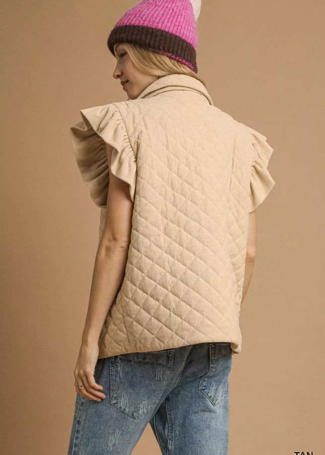 Umgee Corduroy Quilted Ruffle Sleeve Vest - Sleekdenim.com