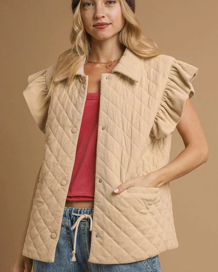 Umgee Corduroy Quilted Ruffle Sleeve Vest - Sleekdenim.com