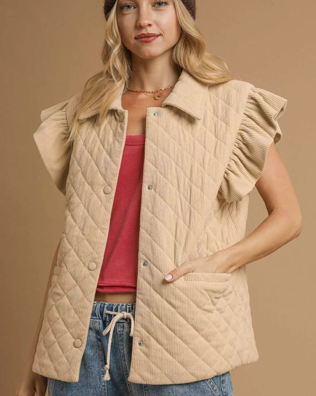Umgee Corduroy Quilted Ruffle Sleeve Vest - Sleekdenim.com