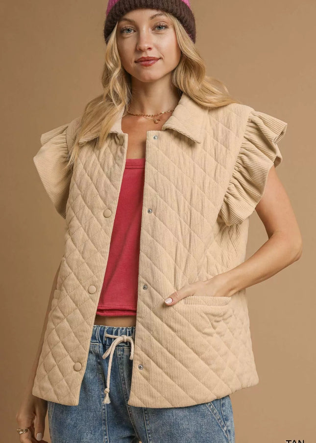 Umgee Corduroy Quilted Ruffle Sleeve Vest - Sleekdenim.com