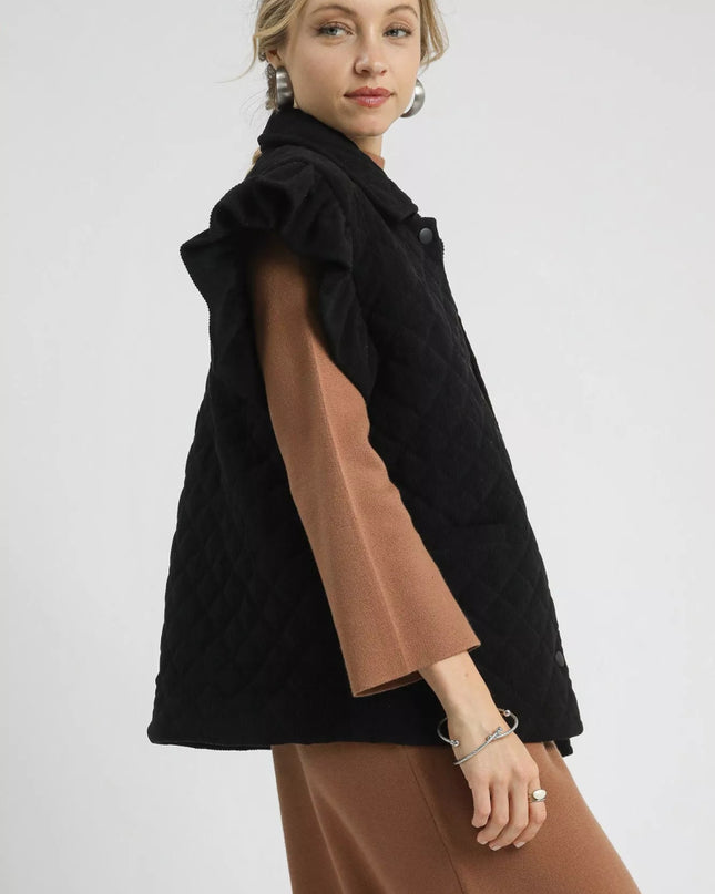 Umgee Corduroy Quilted Ruffle Sleeve Vest - Sleekdenim.com