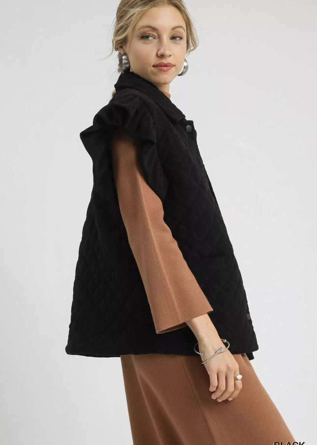 Umgee Corduroy Quilted Ruffle Sleeve Vest - Sleekdenim.com
