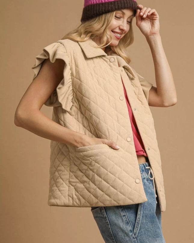 Umgee Corduroy Quilted Ruffle Sleeve Vest - Sleekdenim.com