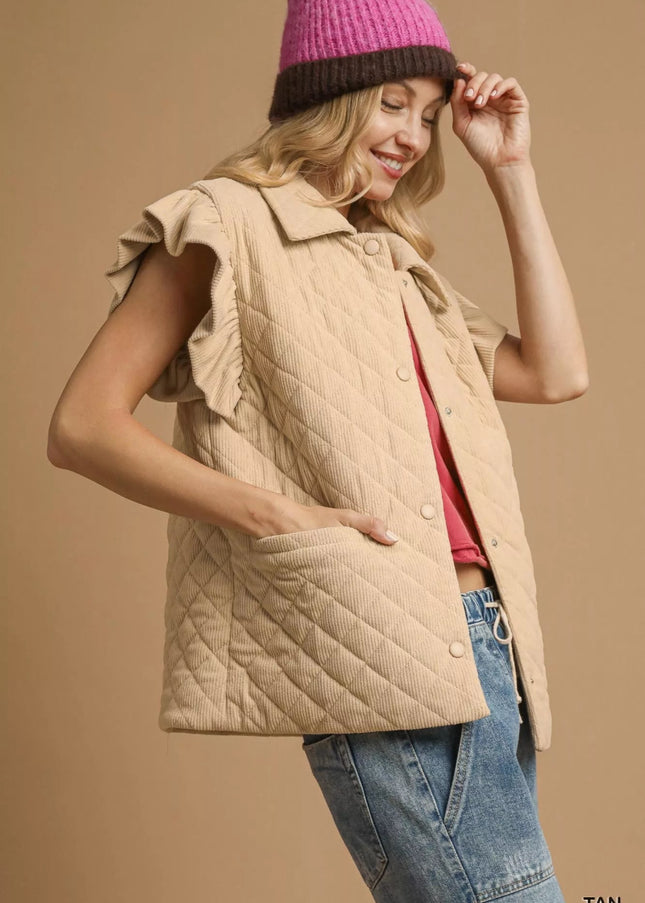 Umgee Corduroy Quilted Ruffle Sleeve Vest - Sleekdenim.com
