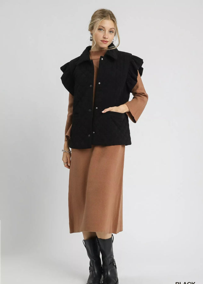 Umgee Corduroy Quilted Ruffle Sleeve Vest - Sleekdenim.com