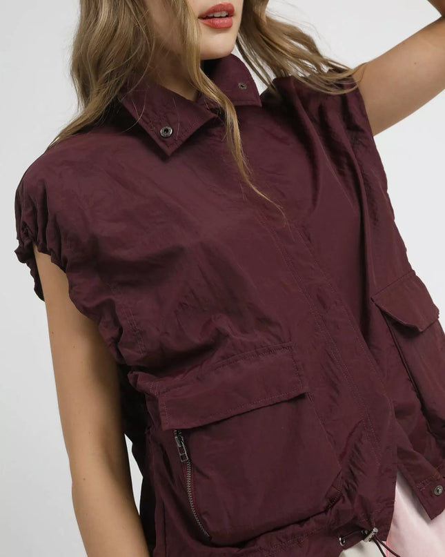 Umgee Drawstring Hem Nylon Vest with Pockets - Sleekdenim.com