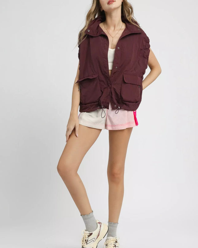 Umgee Drawstring Hem Nylon Vest with Pockets - Sleekdenim.com